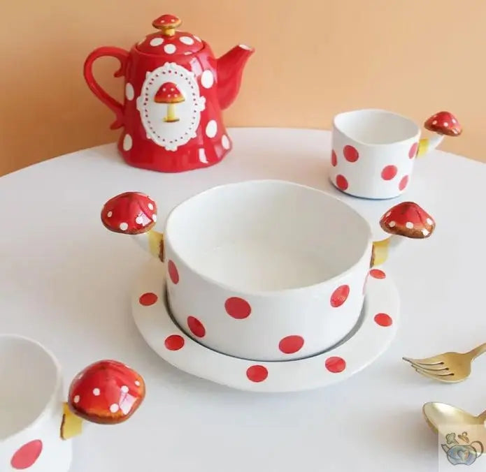 Layanan teh keramik dengan bintik-bintik, merah dan putih
