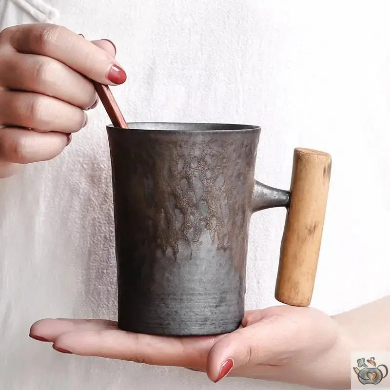 Mug céramique rustique avec manche en bois | Théières à la folie