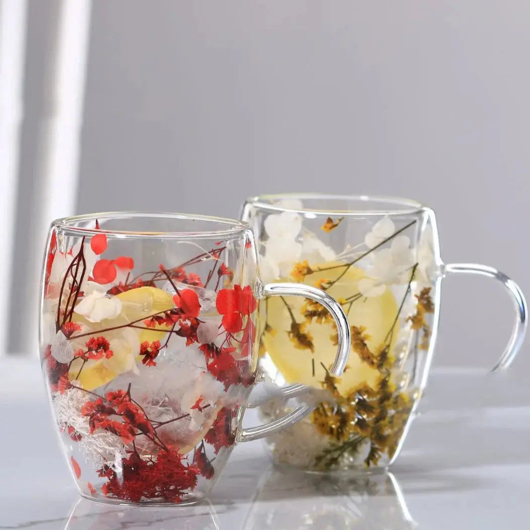 Mug en verre fleurs séchées en double paroi | Théières à la folie