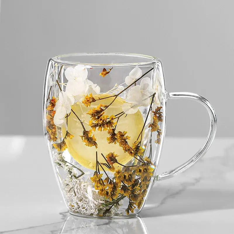 Mug en verre fleurs séchées en double paroi | Théières à la folie