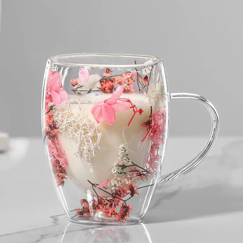 Mug en verre fleurs séchées en double paroi | Théières à la folie