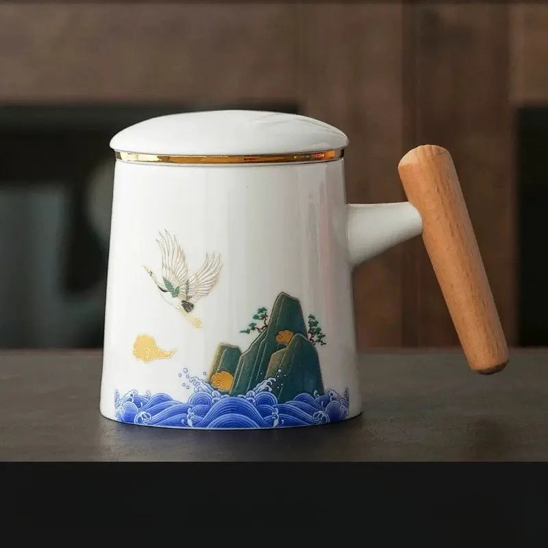 Mug porcelaine avec couvercle et manche bois | Théières à la folie