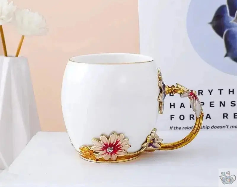 Mug porcelaine blanche fleurs émaillées | Théières à la folie