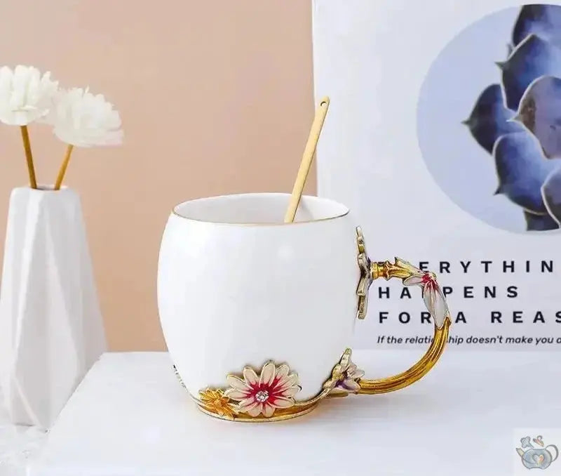 Mug porcelaine blanche fleurs émaillées | Théières à la folie