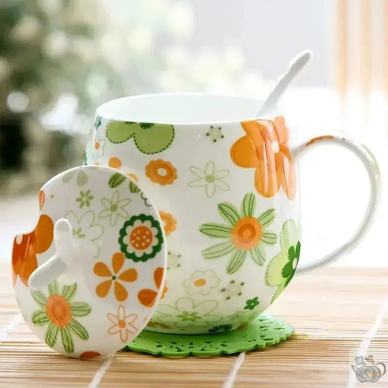 Mug porcelaine fine avec couvercle et cuillère | Théières à la folie