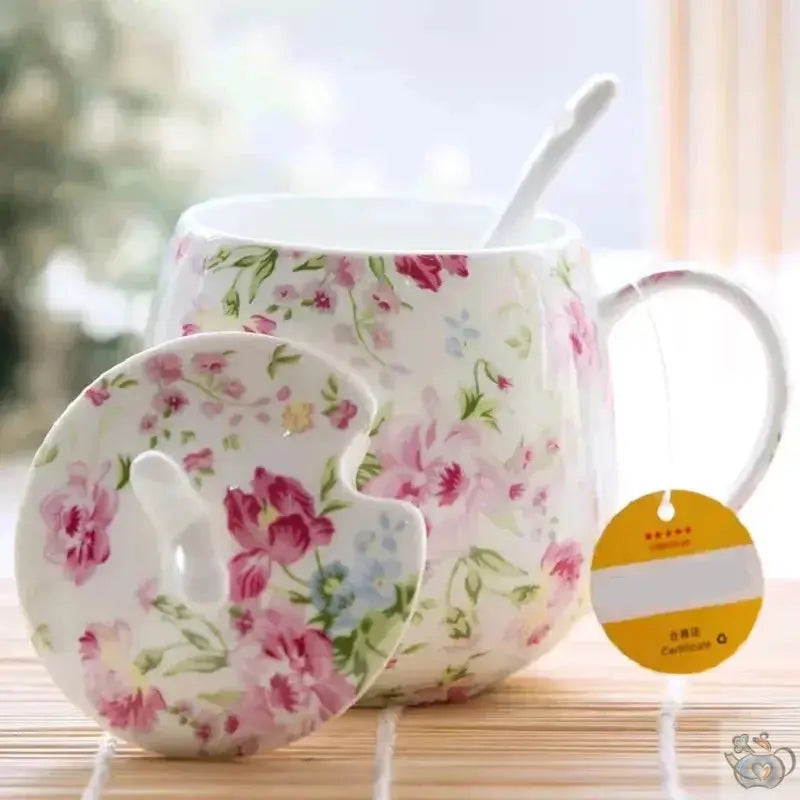 Mug porcelaine fine avec couvercle et cuillère | Théières à la folie