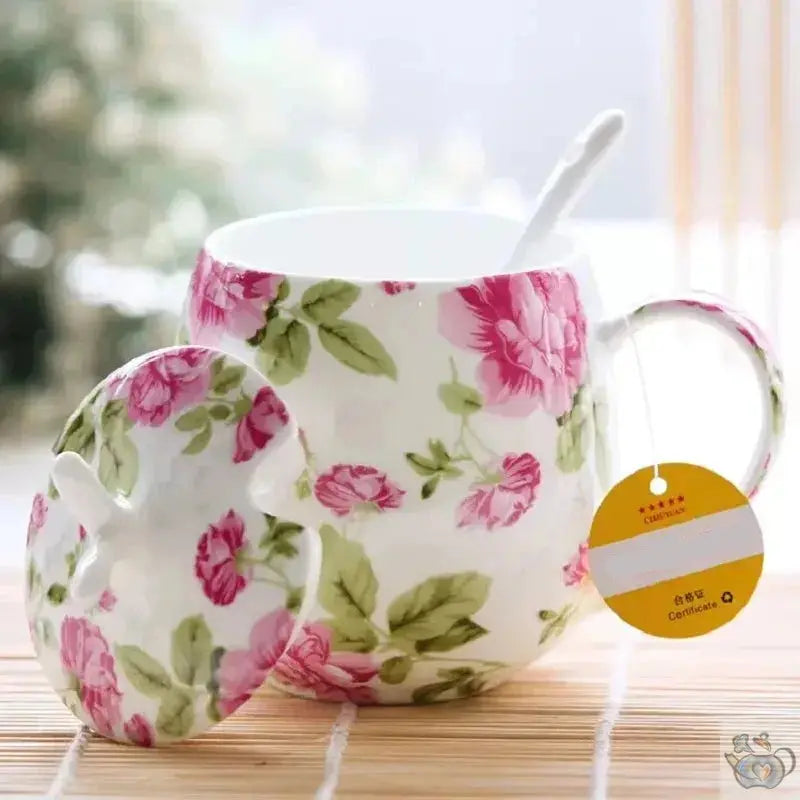 Mug porcelaine fine avec couvercle et cuillère | Théières à la folie