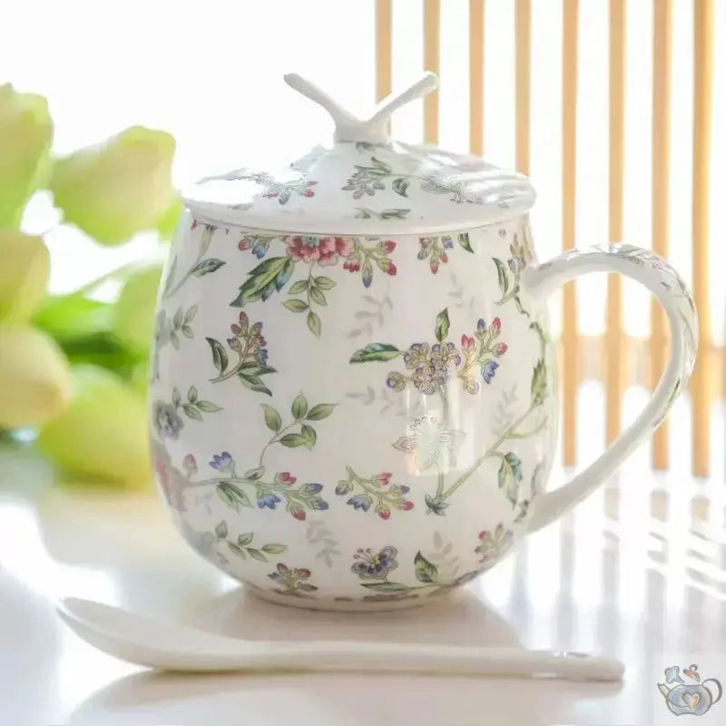 Mug porcelaine fine avec couvercle et cuillère | Théières à la folie