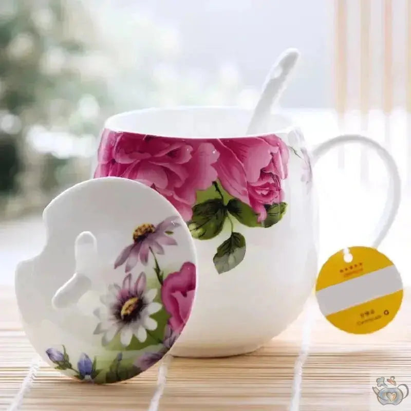 Mug porcelaine fine avec couvercle et cuillère | Théières à la folie