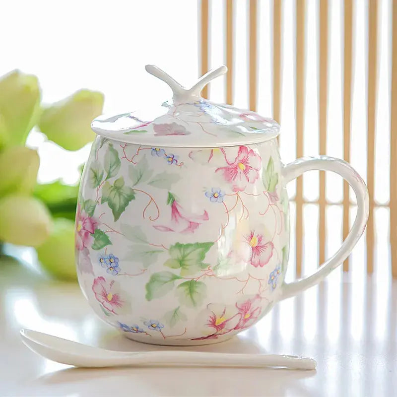 Mug porcelaine fleurie avec couvercle | Théières à la folie