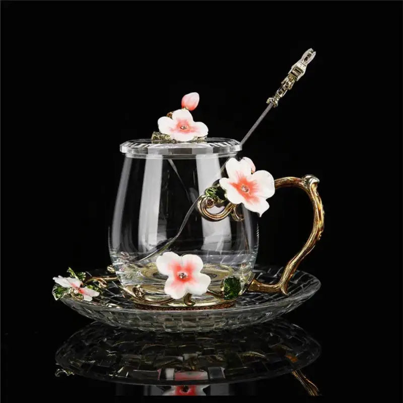 Tasses à thé en verre décoré de fleurs émaillées | Théières à la folie