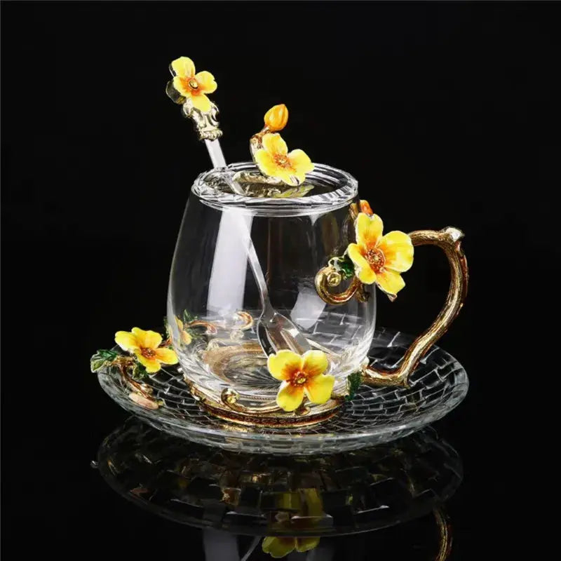 Tasses à thé en verre décoré de fleurs émaillées | Théières à la folie