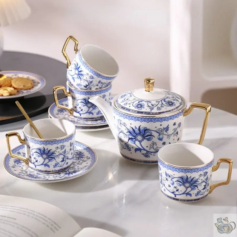 Service à thé bleu de luxe décoré d'or et d'émail