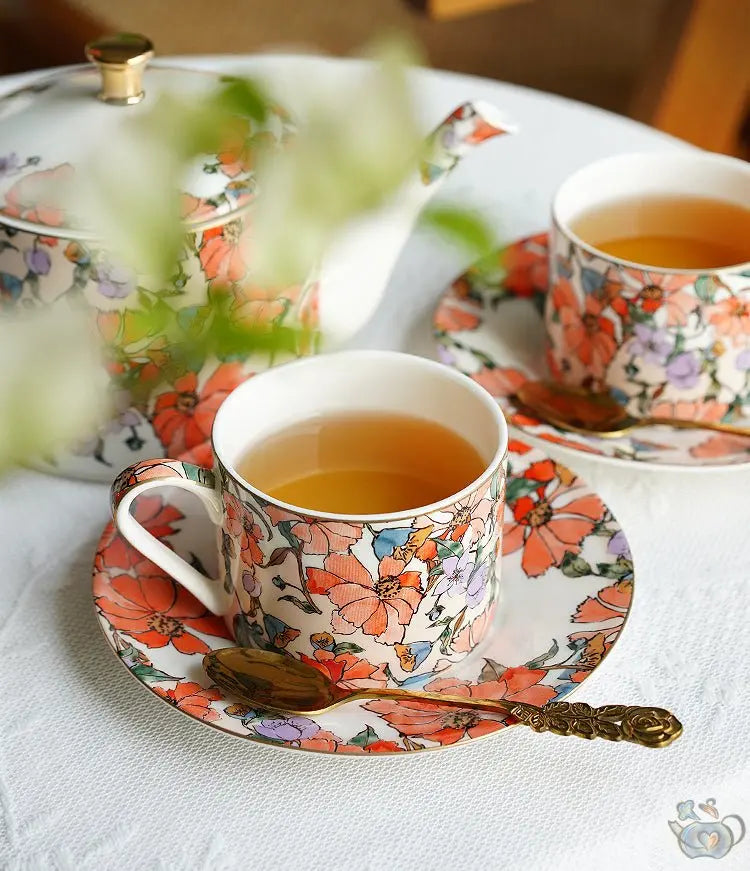 Service thé pour 2 porcelaine fleurie orange | Théières à la folie