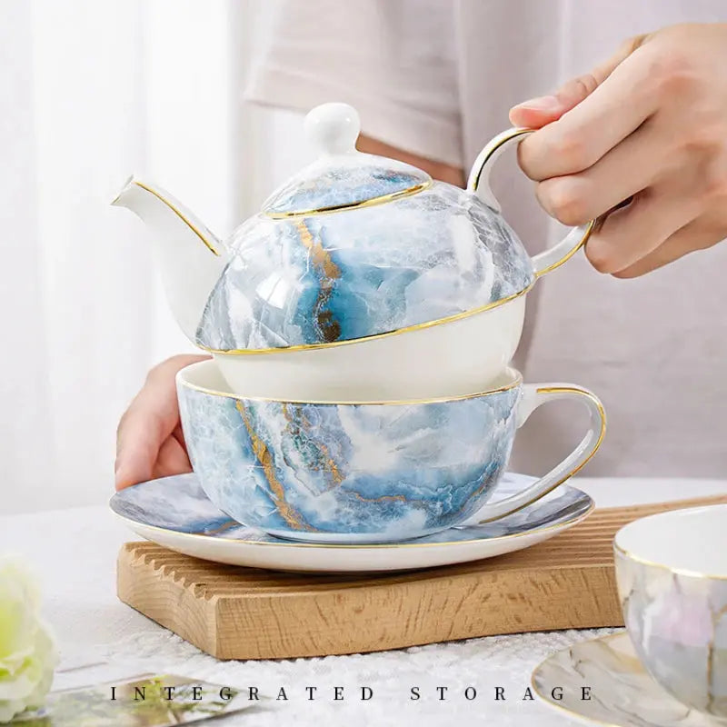 Service thé solitaire en porcelaine marbrée | Théières à la folie