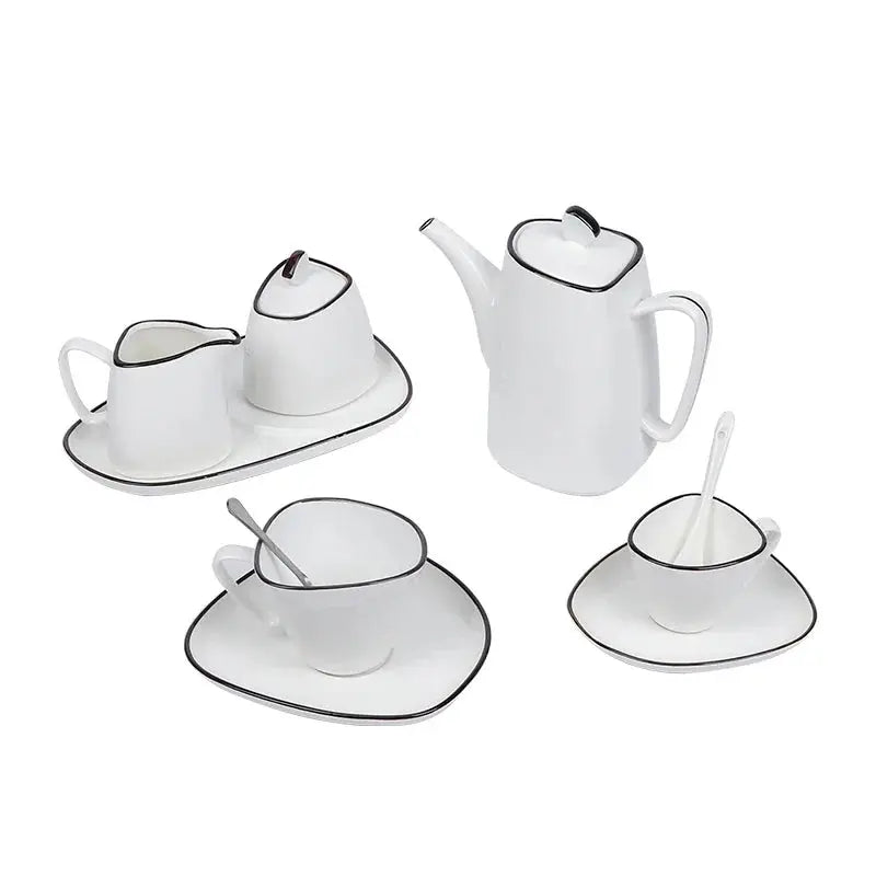Set thé ou café céramique blanche bordée de noir | Théières à la folie