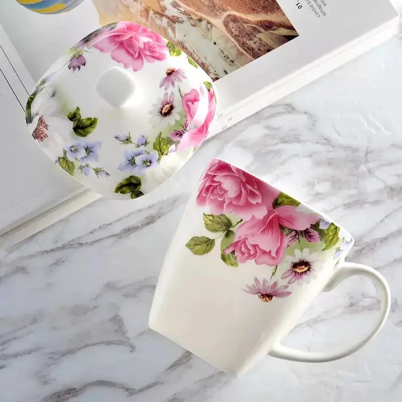 Mug porcelaine florale avec couvercle | Théières à la folie