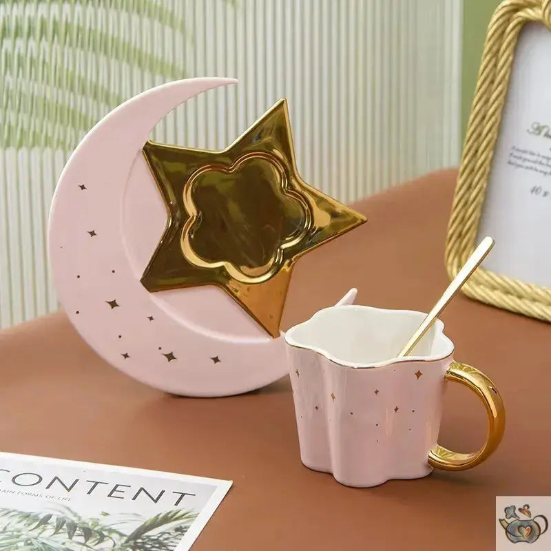 Tasse en porcelaine sur soucoupe lune étoilée | Théières à la folie