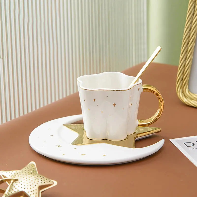 Tasse porcelaine sur soucoupe lune étoilée | Théières à la folie