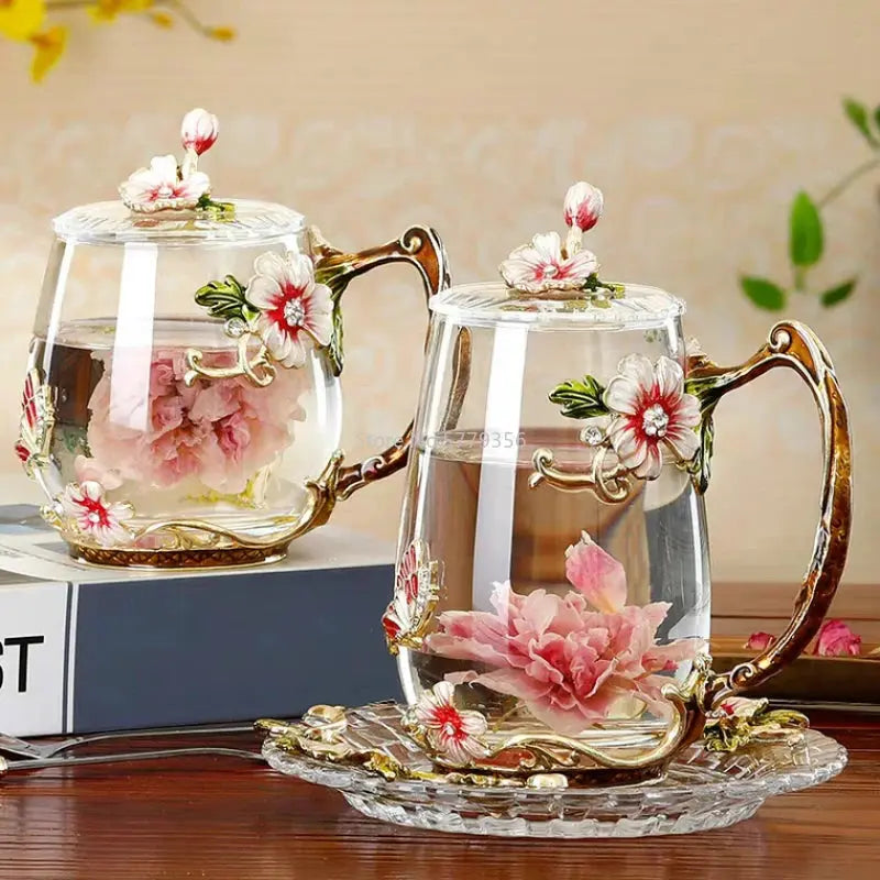 Tasses à thé en verre décoré de fleurs émaillées | Théières à la folie