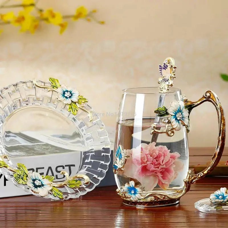 Tasses à thé en verre décoré de fleurs émaillées | Théières à la folie