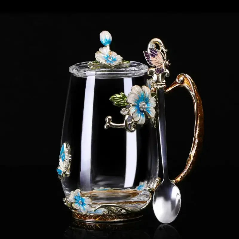 Tasses à thé en verre décoré de fleurs émaillées | Théières à la folie