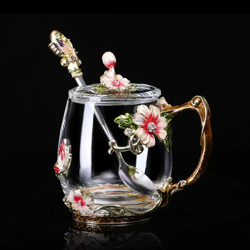 Tasses à thé en verre décoré de fleurs émaillées | Théières à la folie