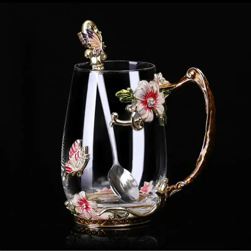 Tasses à thé en verre décoré de fleurs émaillées | Théières à la folie