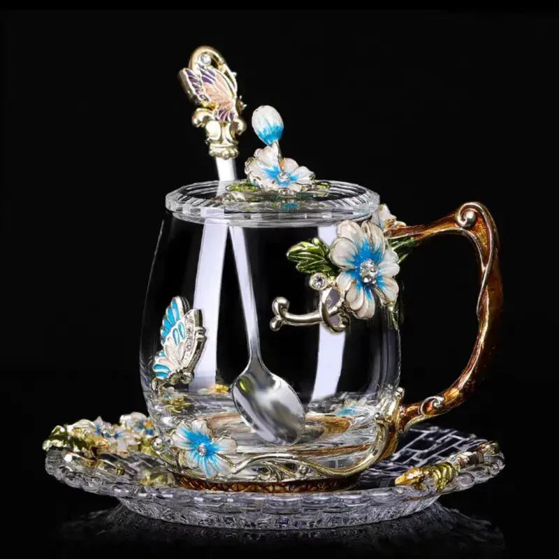 Tasses à thé en verre décoré de fleurs émaillées | Théières à la folie