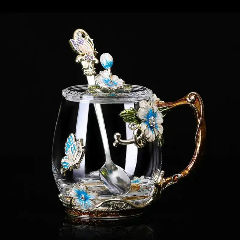 Tasses à thé en verre décoré de fleurs émaillées | Théières à la folie