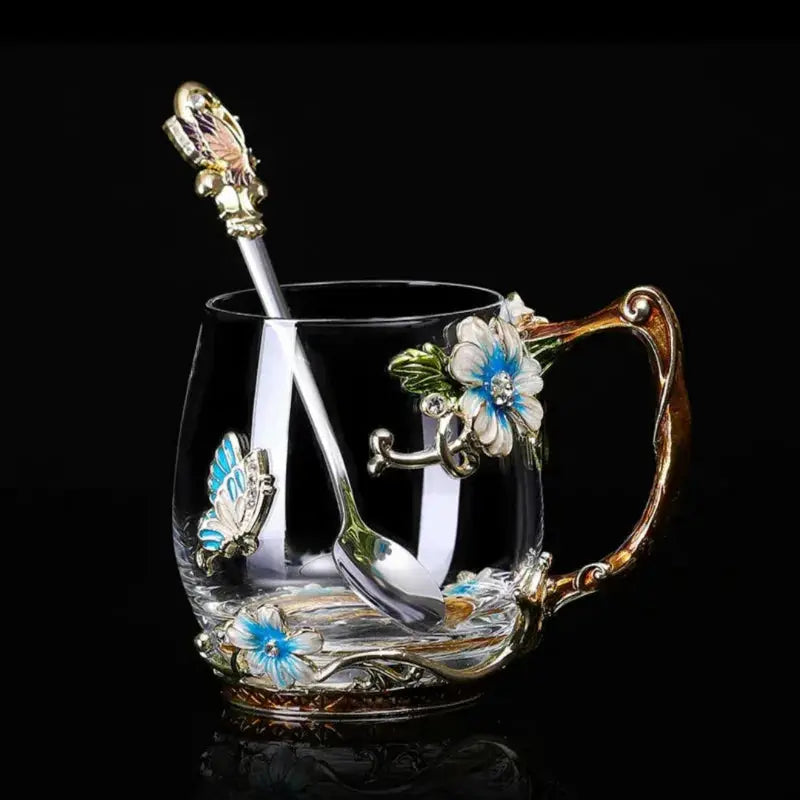 Tasses à thé en verre décoré de fleurs émaillées | Théières à la folie