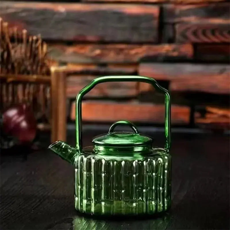 Théière en verre vert design bouilloire bambou | Théières à la folie