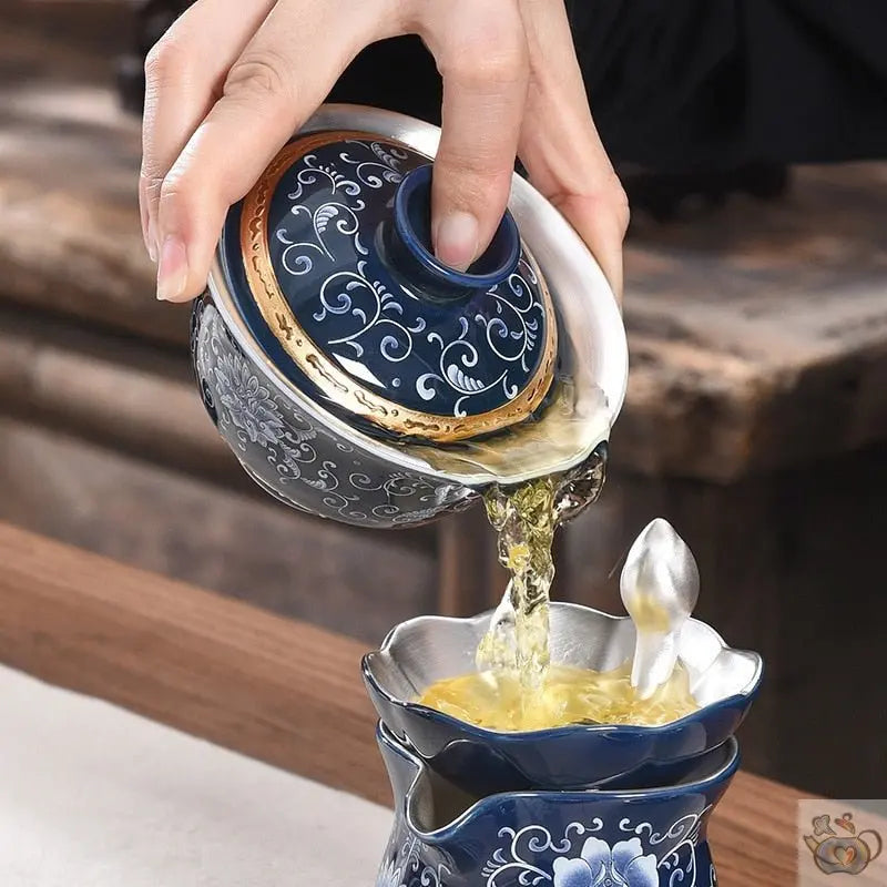 Théière individuelle Gaiwan argent porcelaine | Théières à la folie