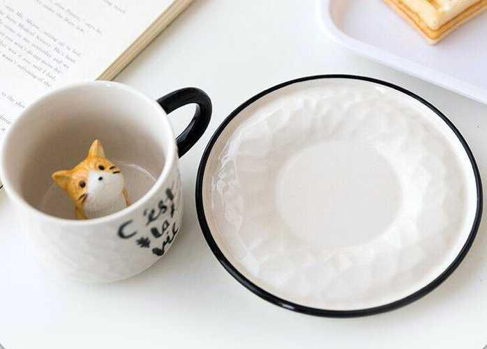 ​Mug blanc noir au petit chat 3D | Théières à la folie