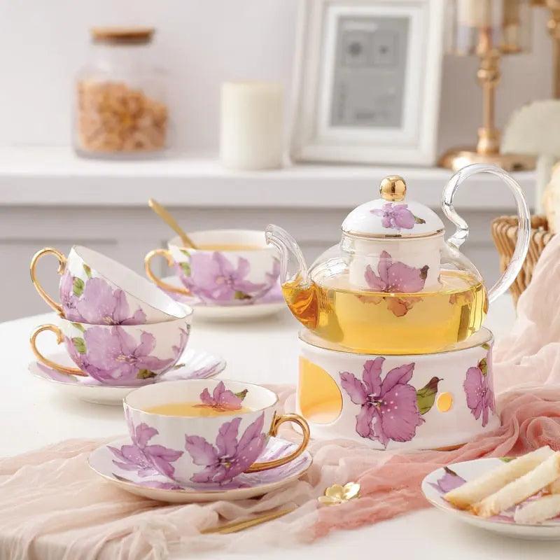 Set à thé en porcelaine, théière en verre