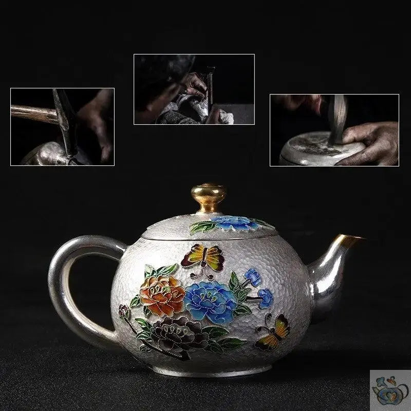 ​Théière argent martelé et fleurs cloisonnées | Théières à la folie