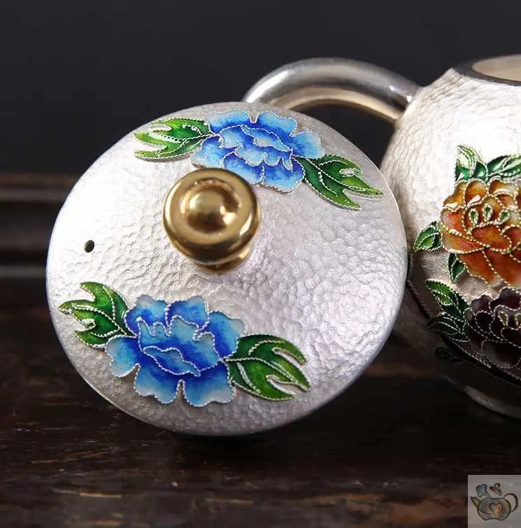 ​Théière argent martelé et fleurs cloisonnées | Théières à la folie