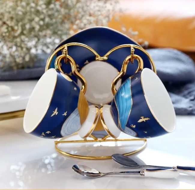 ​Théière et  tasses porcelaine "Nuit d'or" | Théières à la folie