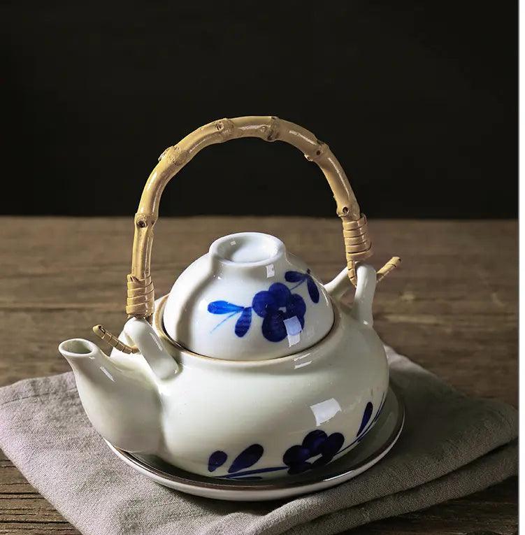 Théière japonaise en céramique avec anse, blanc, rayures bleues