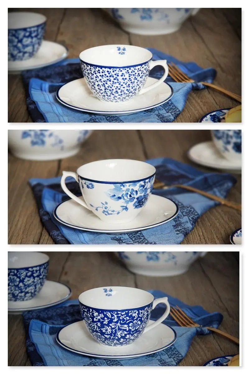 Théière et tasses blanc bleu vintage